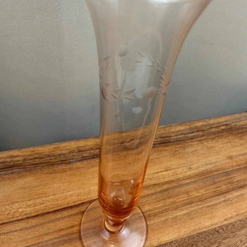 Vintage Peach Depression Glass Bud Vase Etched Leaves and Dots 8 inch Trumpet